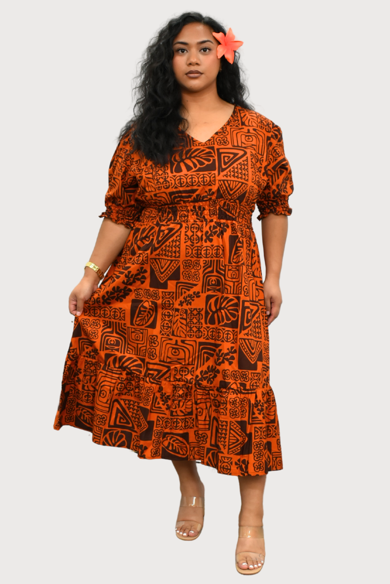 ANNA DRESS - ELASTIC WAIST A-LINE DRESS - ORANGE & BROWN