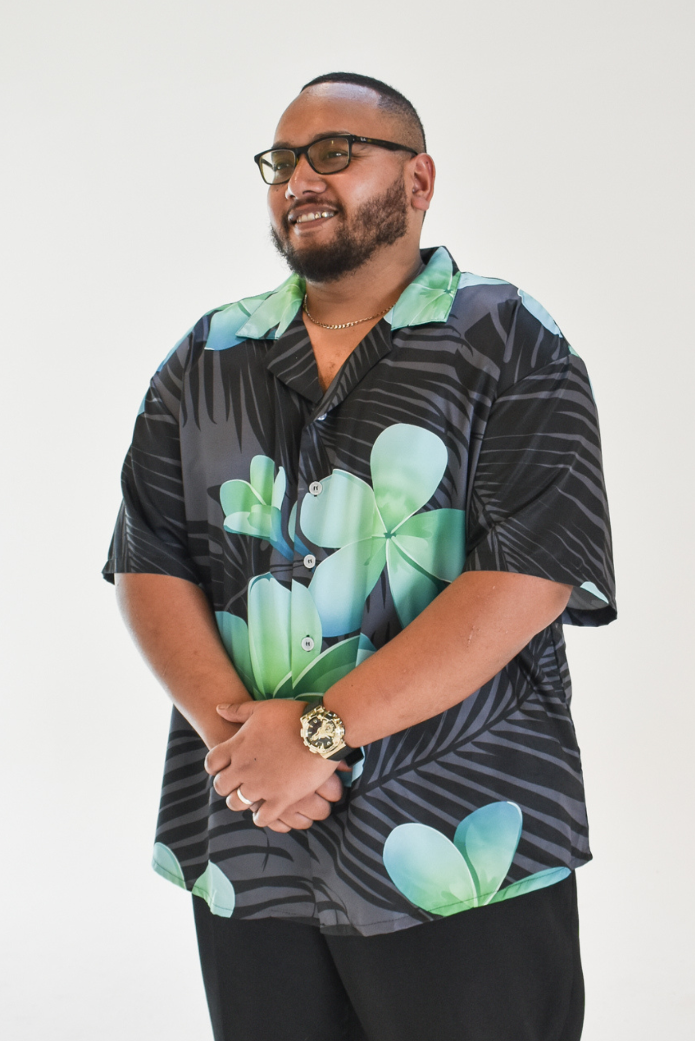 MALOSI SHIRT - COLLARED BUTTON UP SHIRT - BLACK & GREEN FLORAL PATTERN