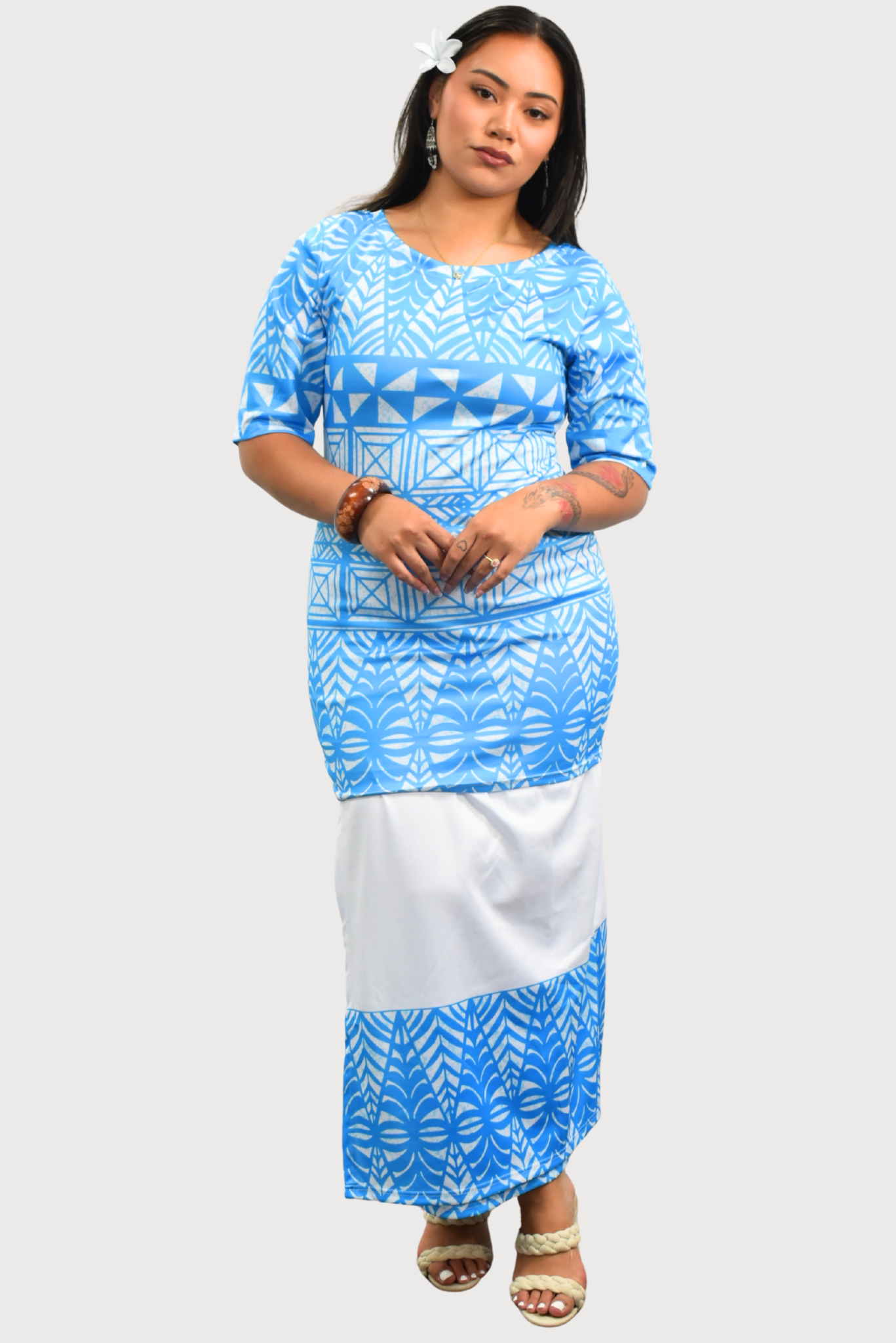 TALIA PULETASI - ROUND NECK PULETASI - TWO PIECE OUTFIT - BLUE & WHITE
