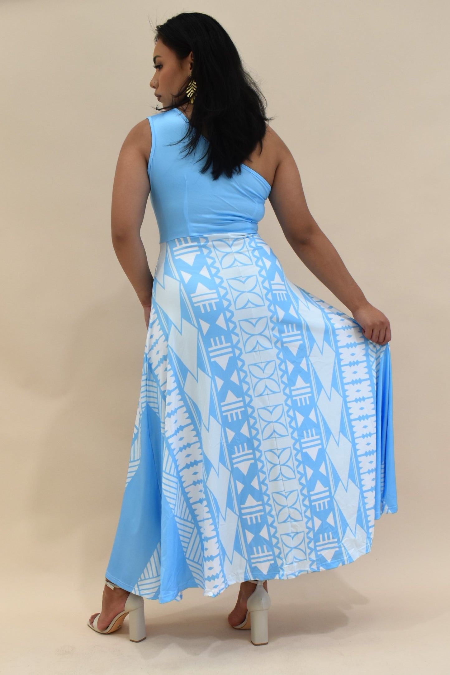(PRE-ORDER) KANANI ONE SLEEVE MAXI DRESS WITH SPLIT - BLUE & WHITE