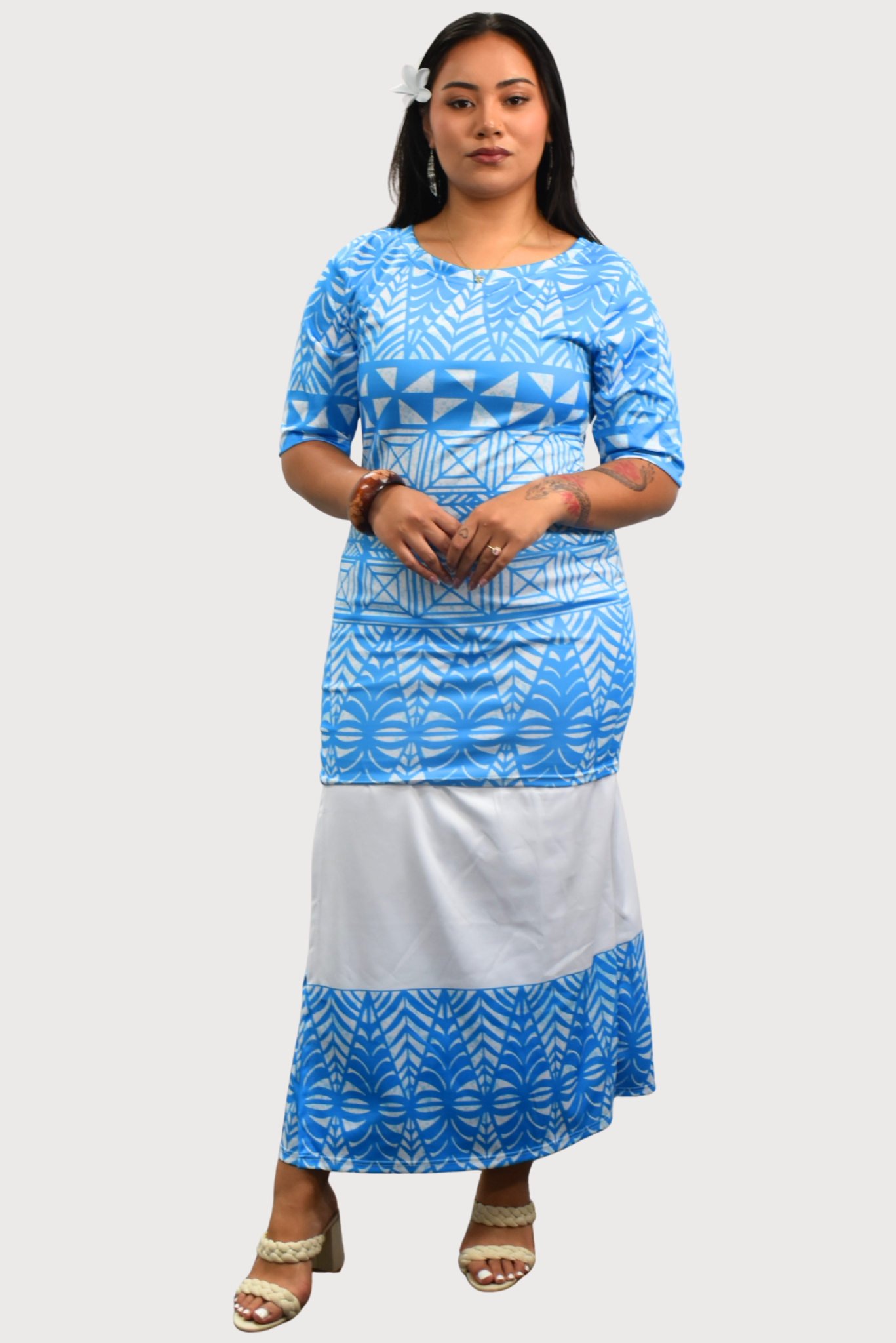 TALIA PULETASI - ROUND NECK PULETASI - TWO PIECE OUTFIT - BLUE & WHITE
