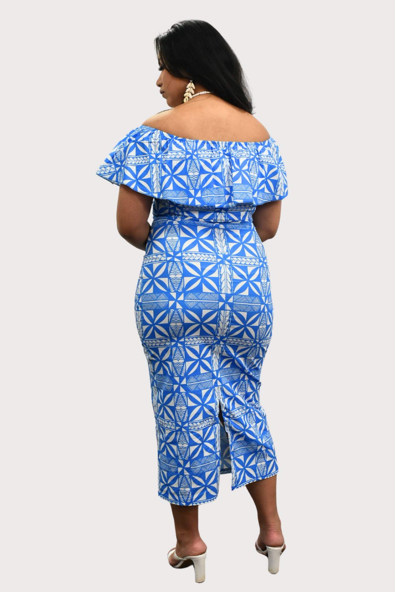 LANI - OFF SHOULDER FRILL MIDI DRESS - BLUE & WHITE