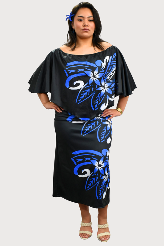 BLACK & BLUE FLORAL - CAPE MIDI DRESS