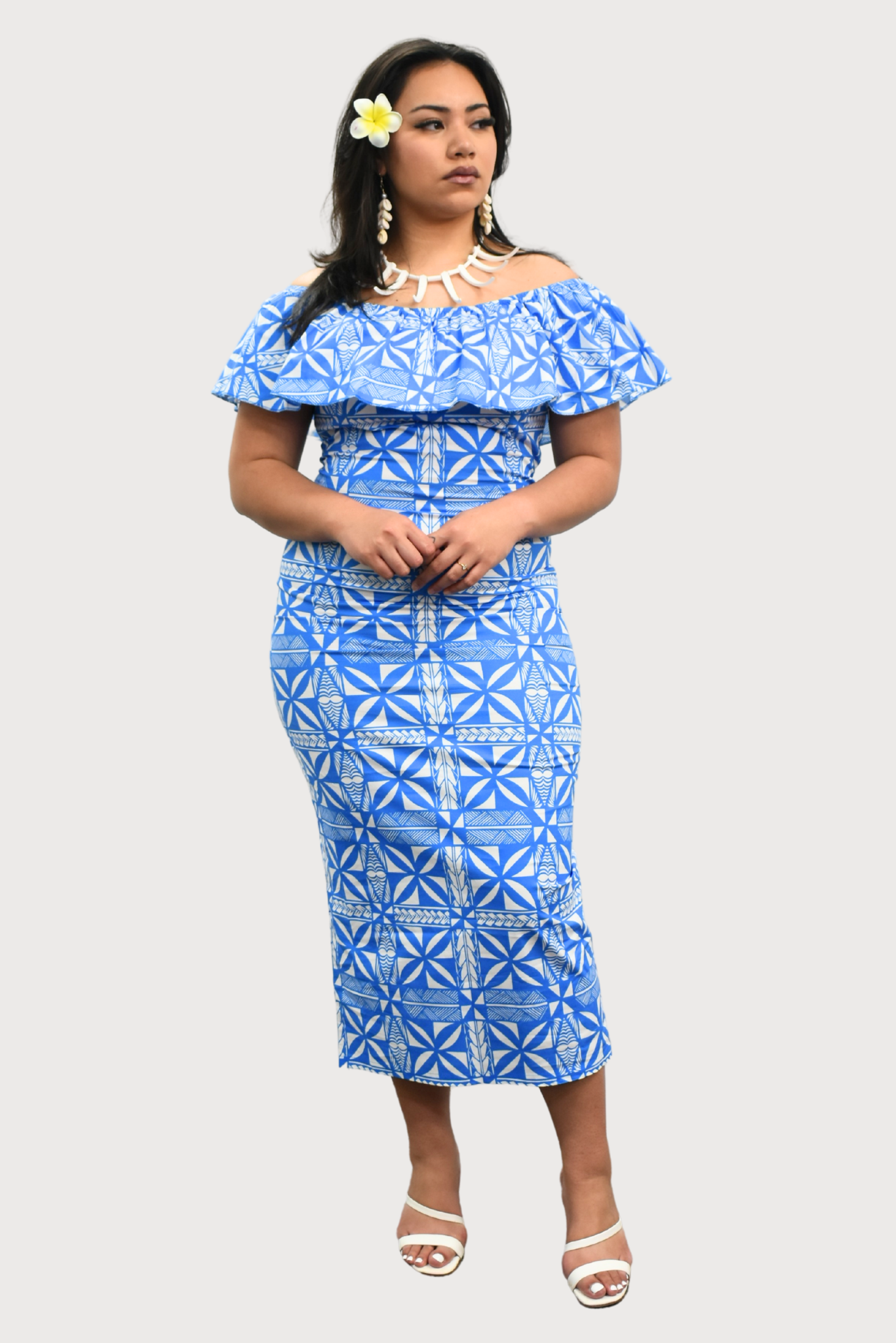 LANI - OFF SHOULDER FRILL MIDI DRESS - BLUE & WHITE