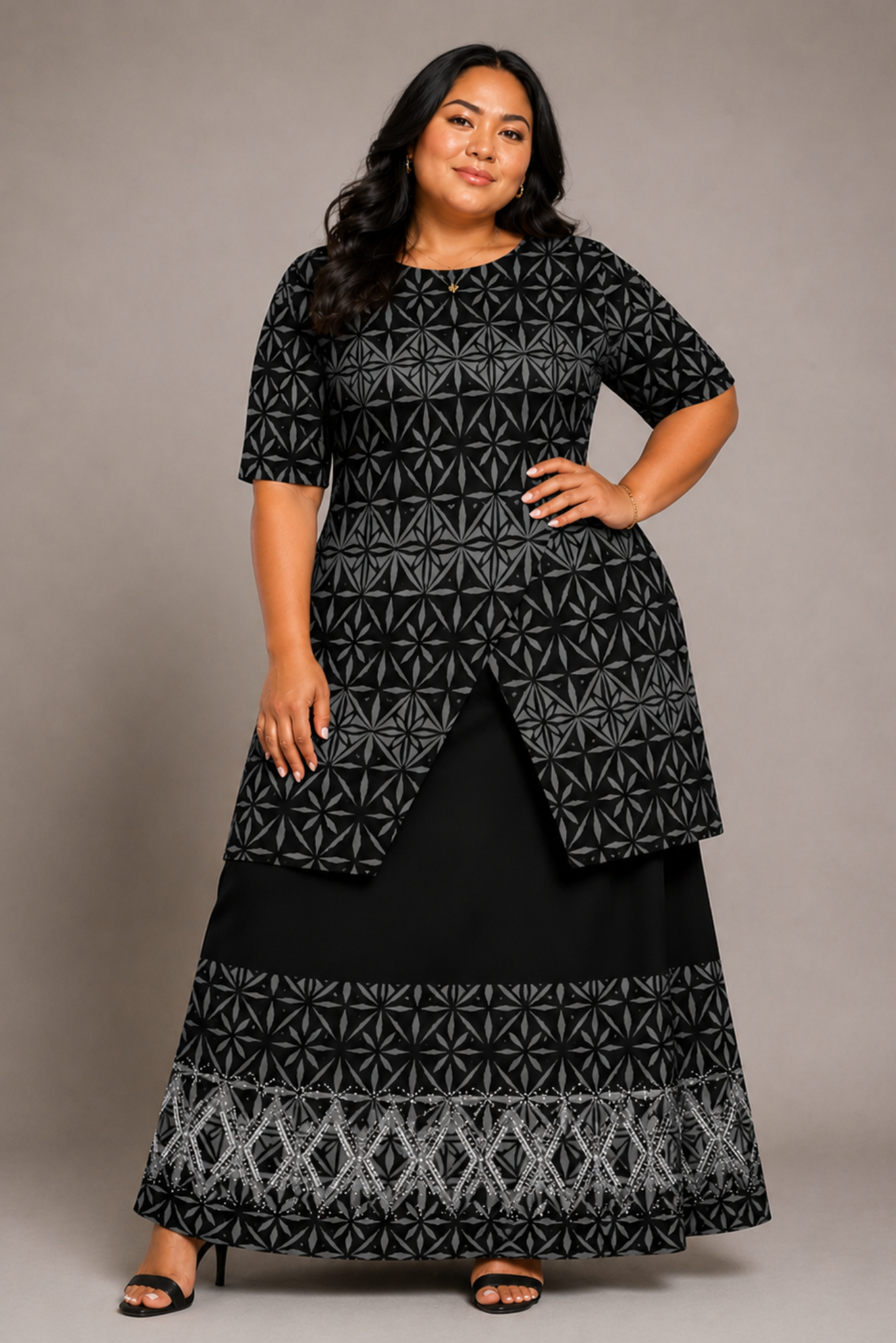 (PRE-ORDER) ROUND NECK LAYERED PULETASI - TWO PIECE OUTFIT - BLACK & GREY