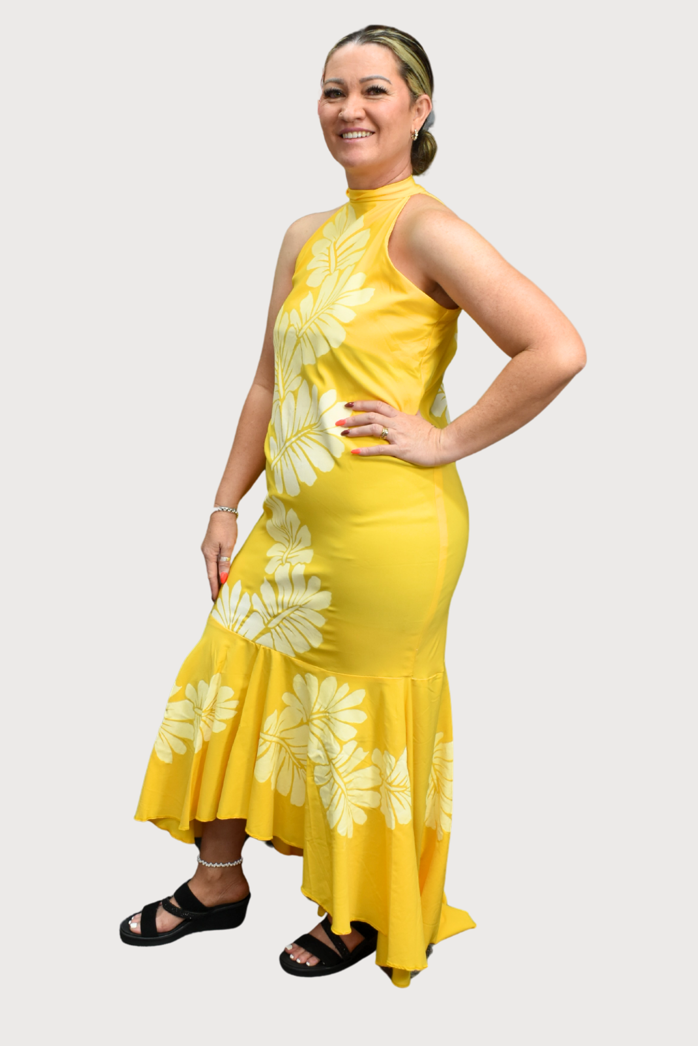 YELLOW FLORAL HALTERNECK DRESS