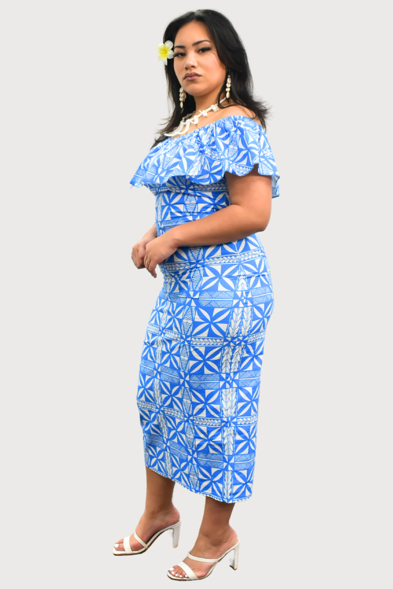 LANI - OFF SHOULDER FRILL MIDI DRESS - BLUE & WHITE