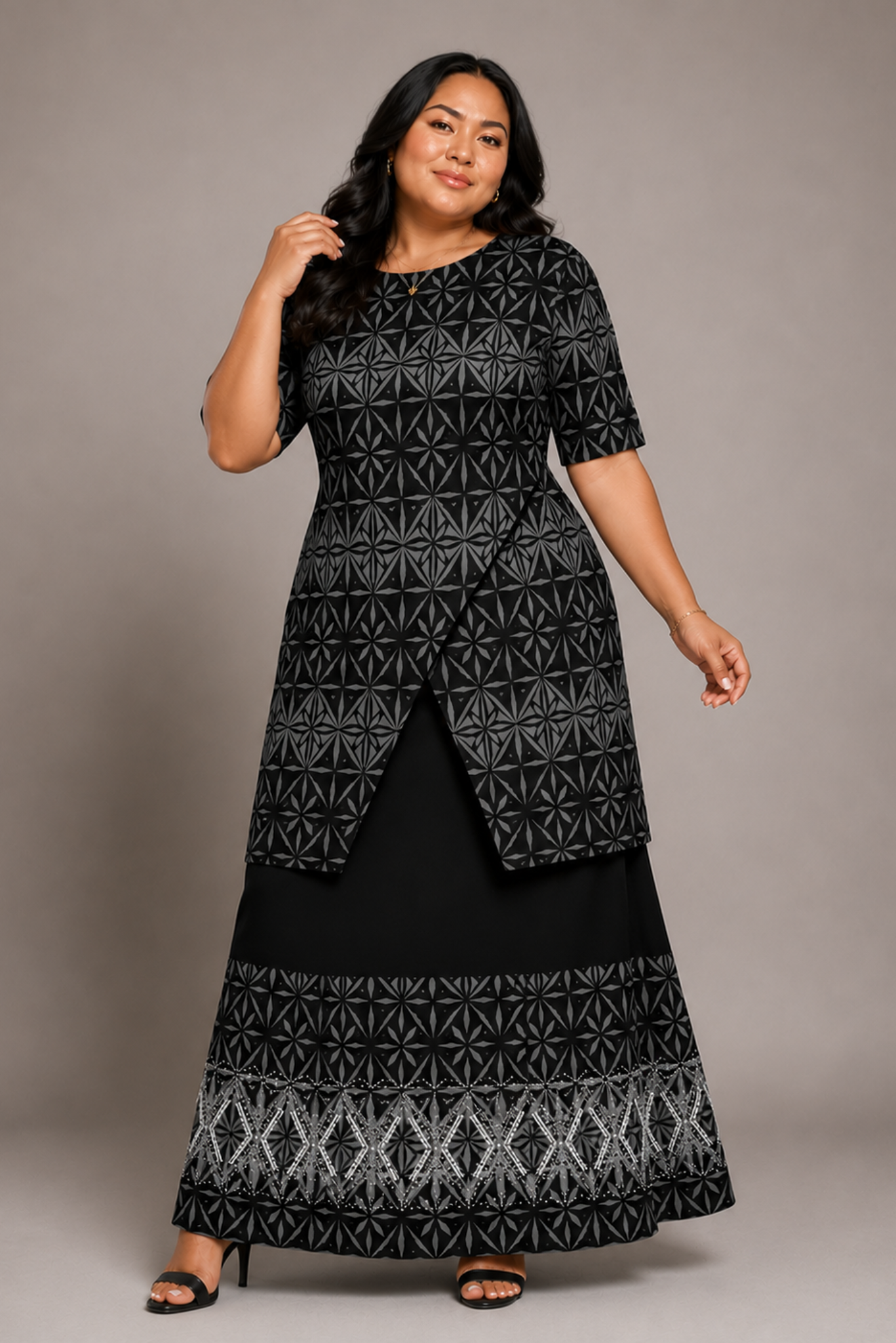 (PRE-ORDER) ROUND NECK LAYERED PULETASI - TWO PIECE OUTFIT - BLACK & GREY