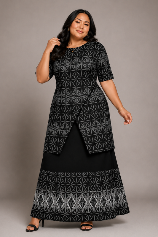 (PRE-ORDER) ROUND NECK LAYERED PULETASI - TWO PIECE OUTFIT - BLACK & GREY
