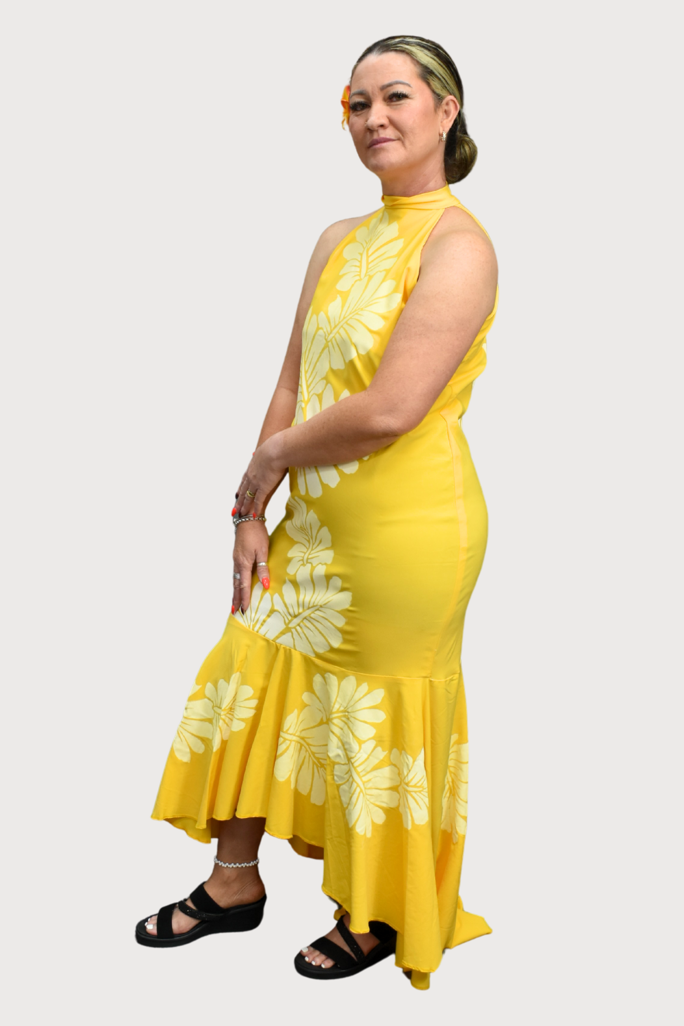 YELLOW FLORAL HALTERNECK DRESS