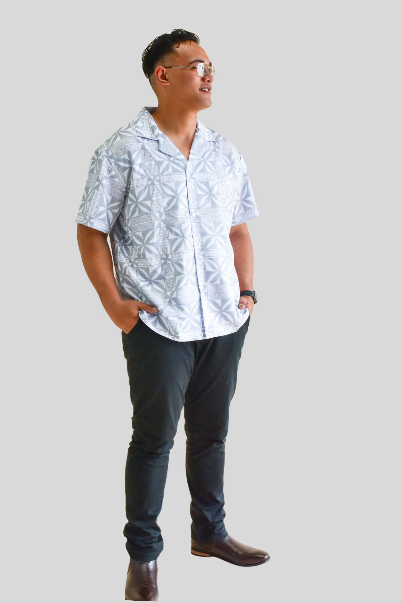 MIKAELE - MENS V NECK COLLARED SHIRT - GREY & WHITE