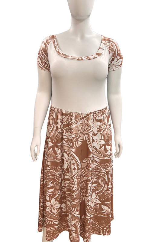 ROUND NECK MIDI FLARE DRESS - BROWN AND WHITE - MULTIPLE SIZES