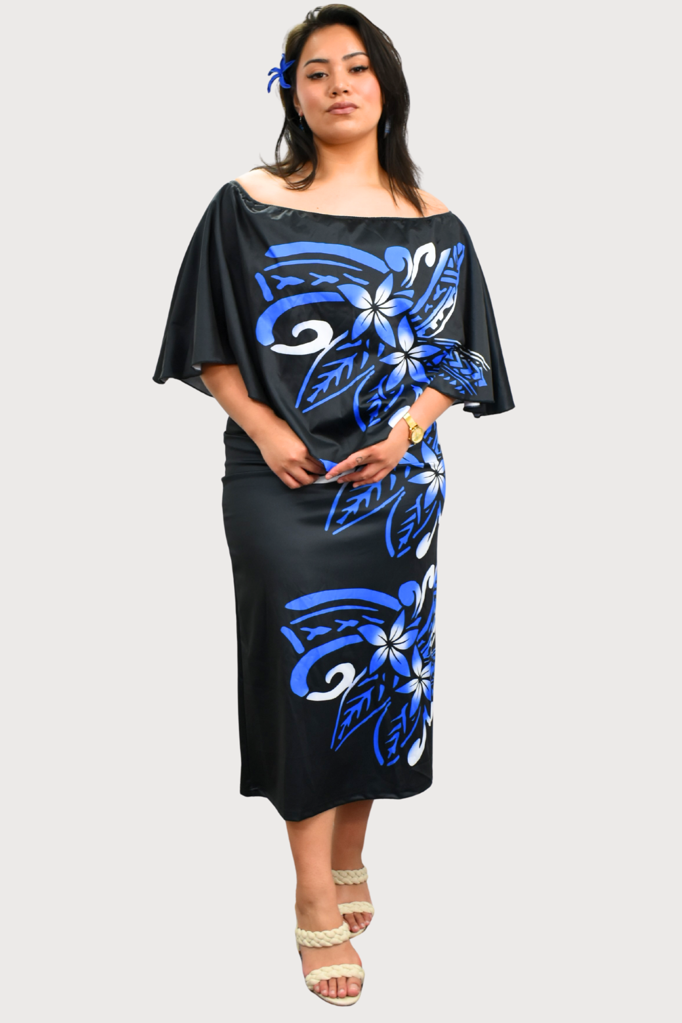 DIANA DRESS - MIDI OFF SHOULDER CAPE DESIGN - BLUE & BLACK