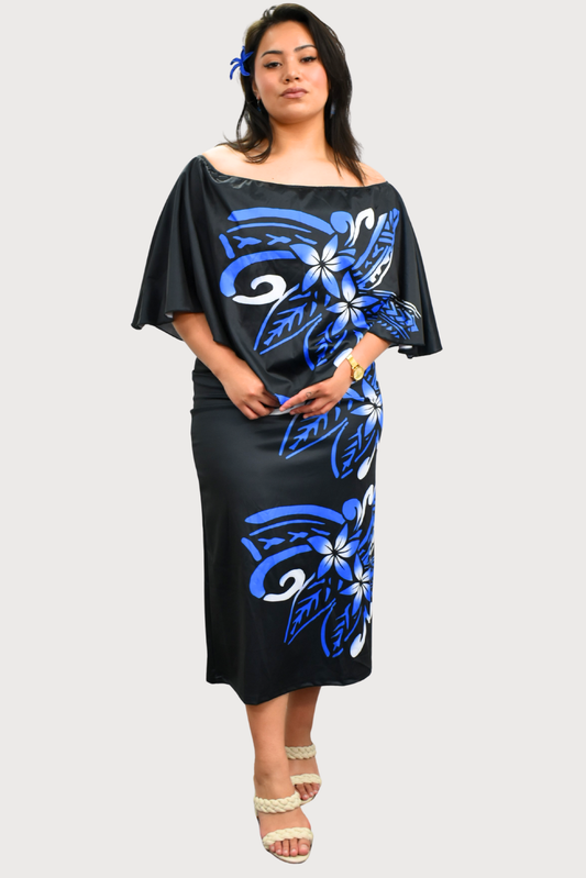 DIANA DRESS - MIDI OFF SHOULDER CAPE DESIGN - BLUE & BLACK