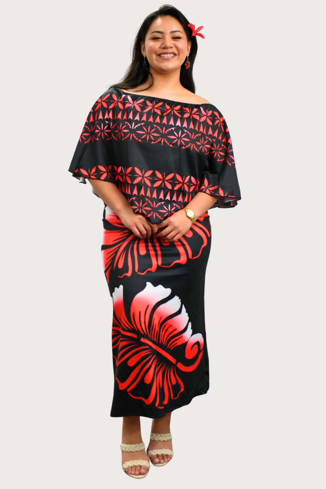 DIANA DRESS - MIDI OFF SHOULDER CAPE DESIGN - RED & BLACK