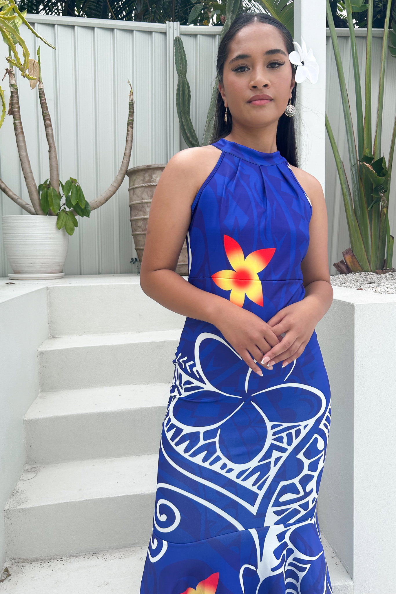 (PRE-ORDER) LUISA DRESS - HALTER MAXI LENGTH DRESS - BLUE & WHITE