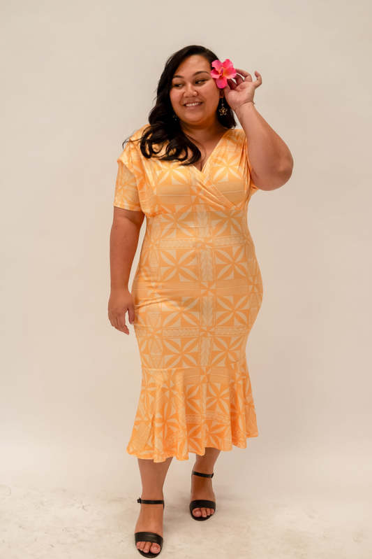 (PRE-ORDER) LEATA DRESS - RUCHED V NECK MIDI LENGTH WITH FLARE - SUNSET YELLOW