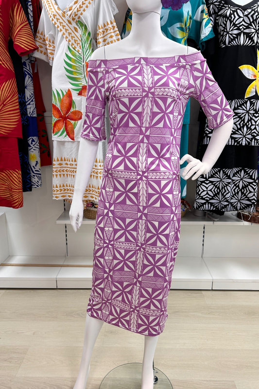 OFF SHOULDER MIDI DRESS - PURPLE & WHITE - SIZE S