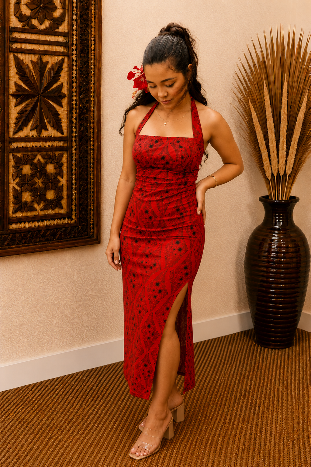 KIANA DRESS - SQUARE NECK HALTER MIDI LENGTH DRESS - RED & BLACK