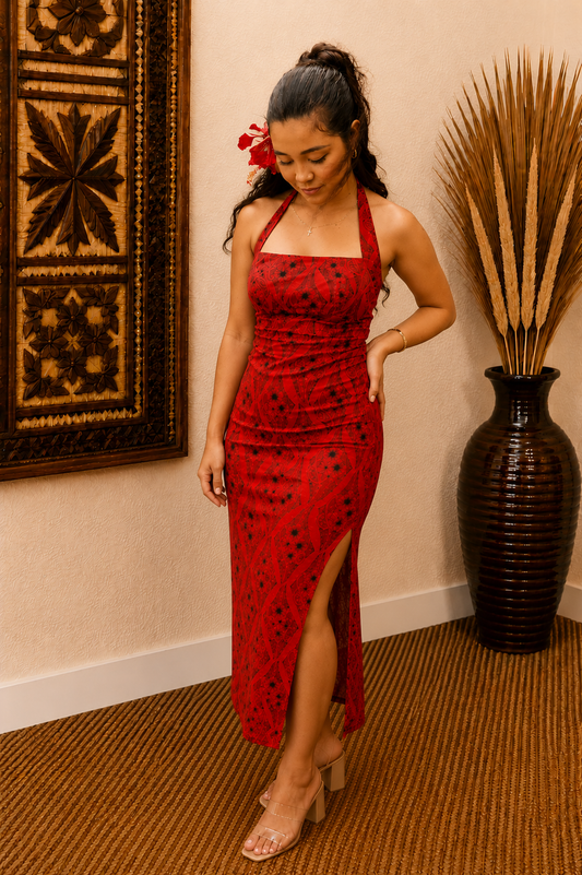 KIANA DRESS - SQUARE NECK HALTER MIDI LENGTH DRESS - RED & BLACK