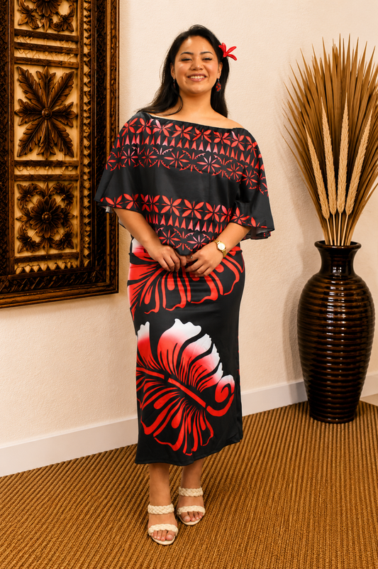 DIANA DRESS - MIDI OFF SHOULDER CAPE DESIGN - RED & BLACK