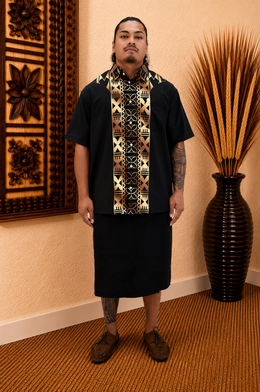 ESEKIA SHIRT - MENS SHIRT - COLLARED BUTTON UP - BLACK & GOLD