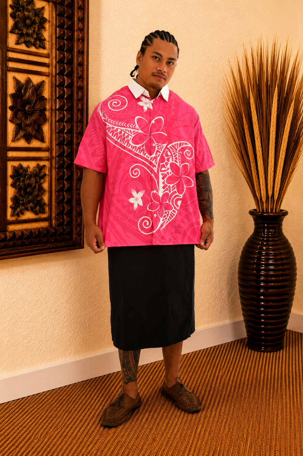 SAMUEL MENS SHIRT - COLLARED BUTTON UP - PINK & WHITE