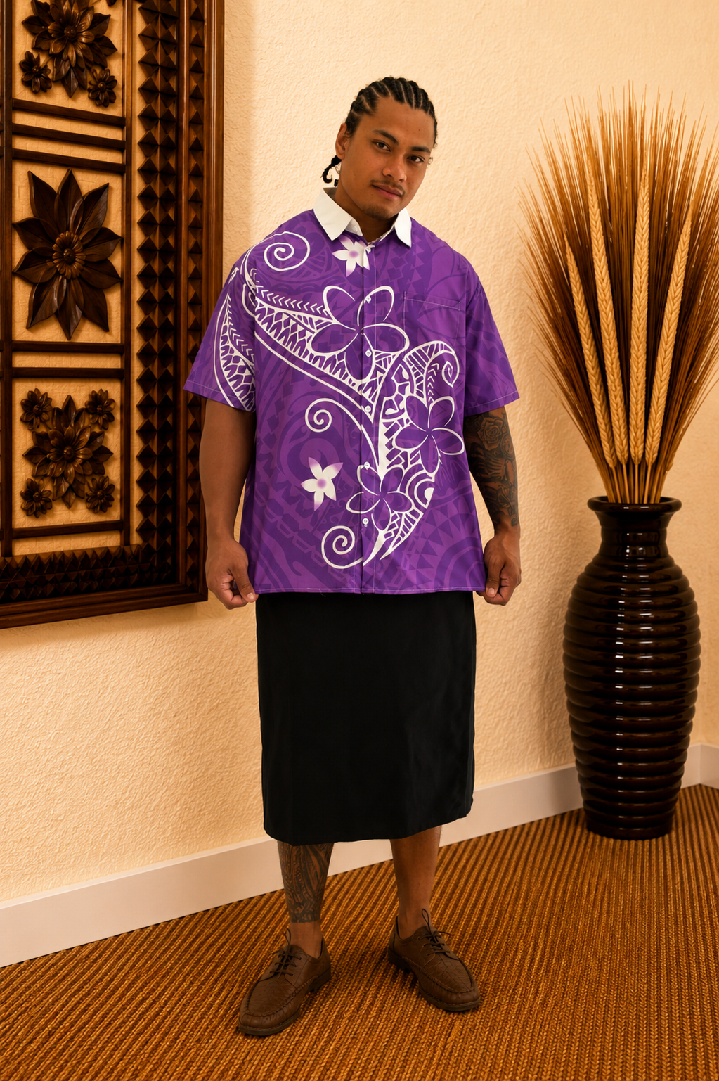 SAMUEL MENS SHIRT - COLLARED BUTTON UP - PURPLE & WHITE