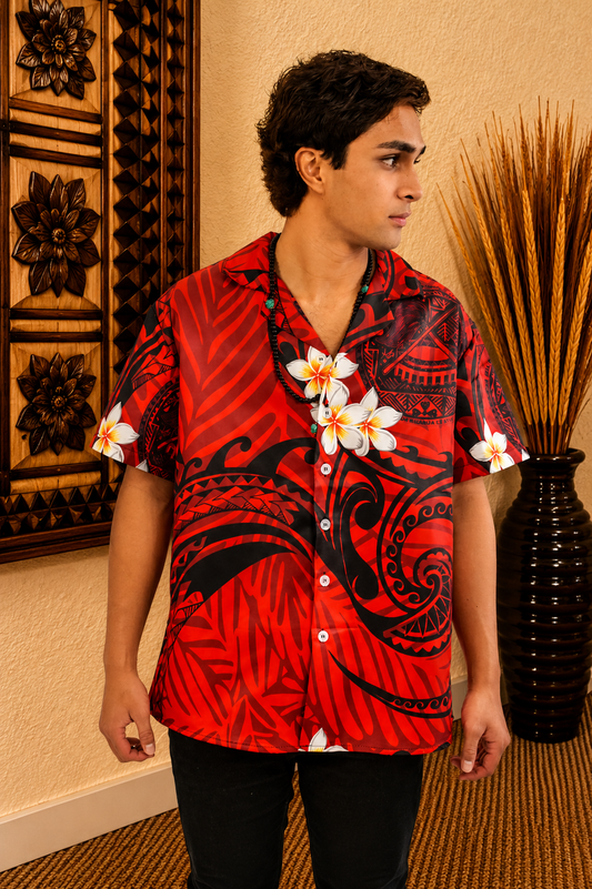 DAVID SHIRT - BUTTON UP WITH V-NECK - RED & BLACK