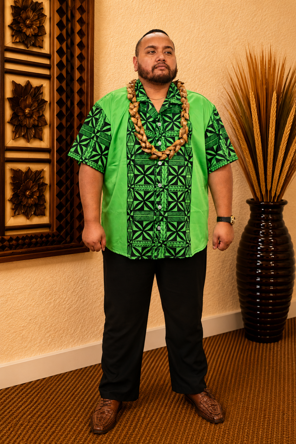HOLMES MENS SHIRT - COLLARED BUTTON V NECK - BLACK & GREEN