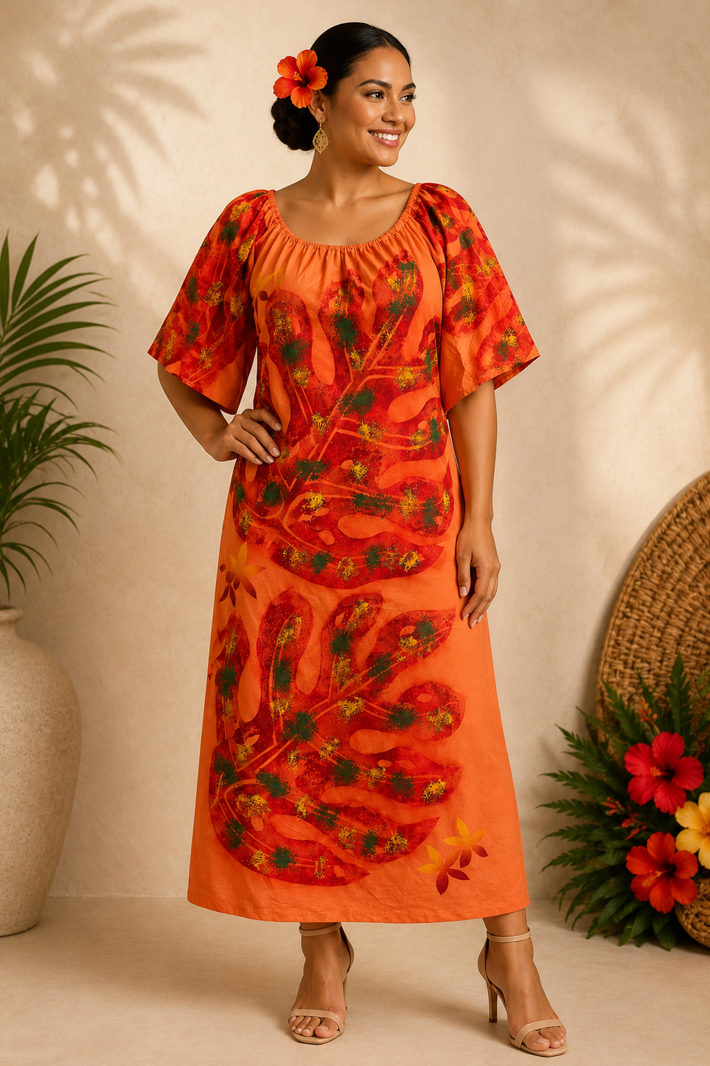 ORANGE CAPE SLEEVE ISLAND DRESS - SIZE 20
