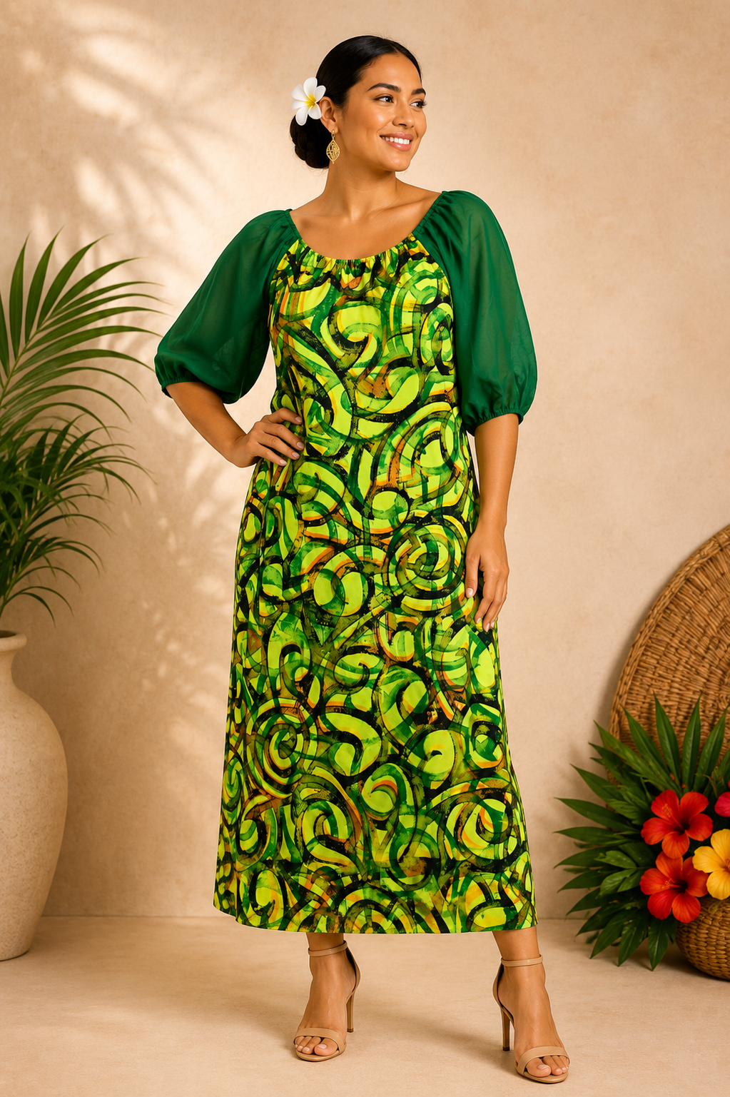 GREEN PUMPKIN SLEEVE ISLAND DRESS - SIZE 22