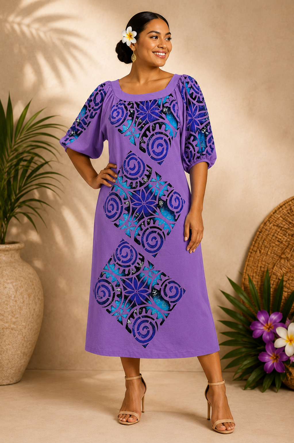 PURPLE & BLUE PUMPKIN SLEEVE ISLAND DRESS - SIZE 28