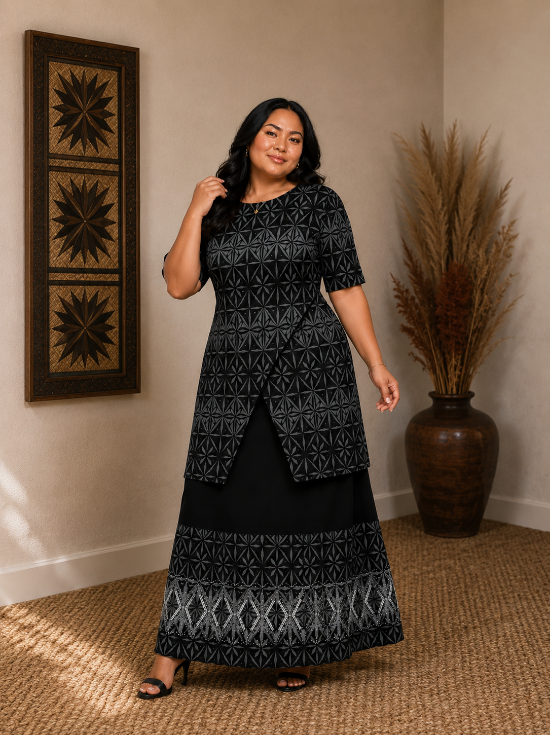 (PRE-ORDER) ROUND NECK LAYERED PULETASI - TWO PIECE OUTFIT - BLACK & GREY