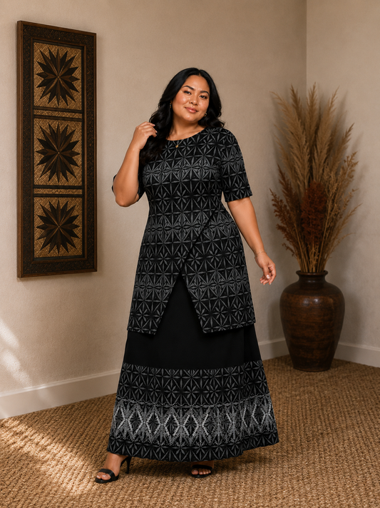(PRE-ORDER) ROUND NECK LAYERED PULETASI - TWO PIECE OUTFIT - BLACK & GREY