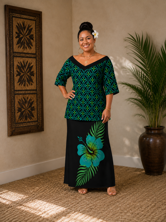 (PRE-ORDER) V-NECK PULETASI - GREEN & BLACK FLORAL
