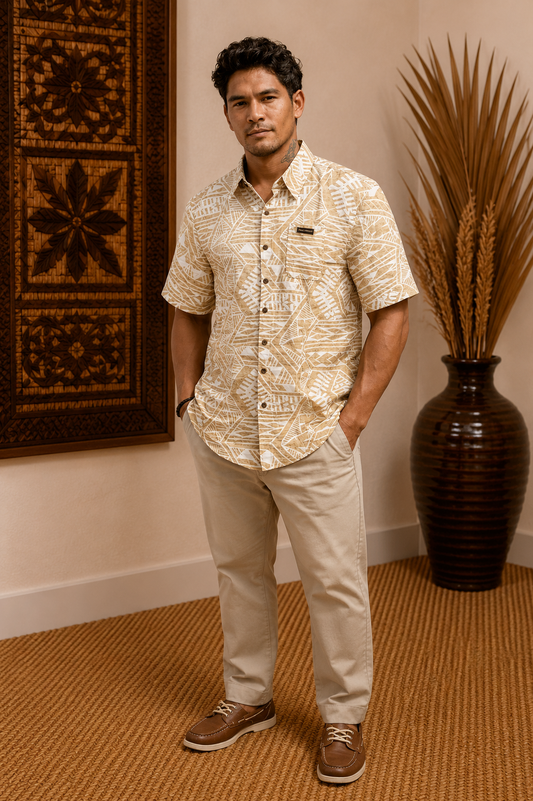 GARRY SHIRT - COLLARED BUTTON UP - BEIGE & WHITE
