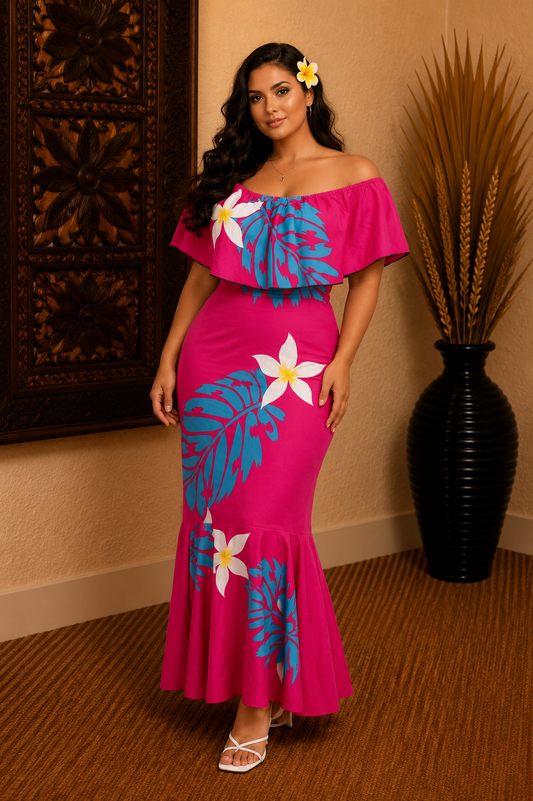 REINA DRESS - OFF SHOULDER FRILL MAXI - PINK FLORAL