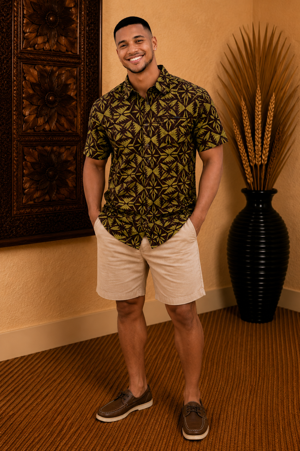 SHIRT - COLLARED BUTTON UP - OLIVE & BROWN