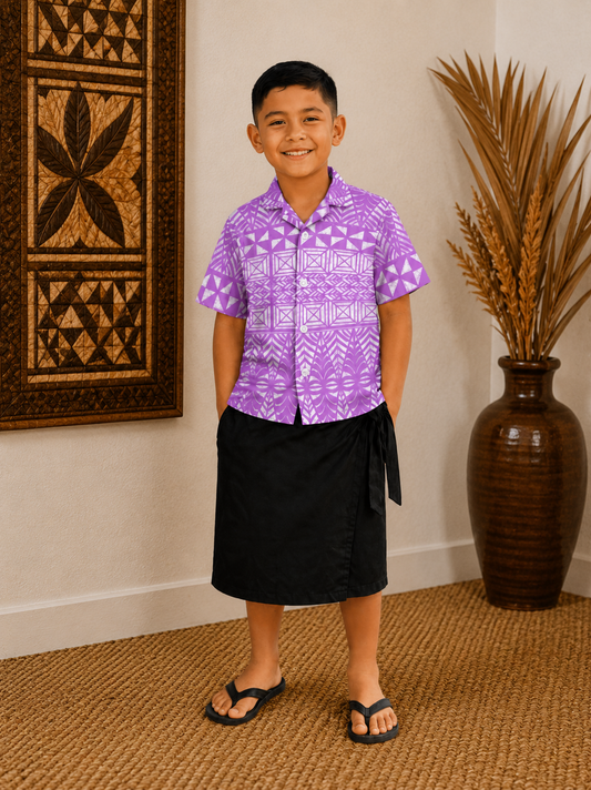 TUATUA BOYS SHIRT - COLLARED SHIRT - PURPLE & WHITE