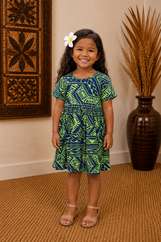 NYZA GIRLS DRESS - FLOWY DRESS - BLUE & GREEN