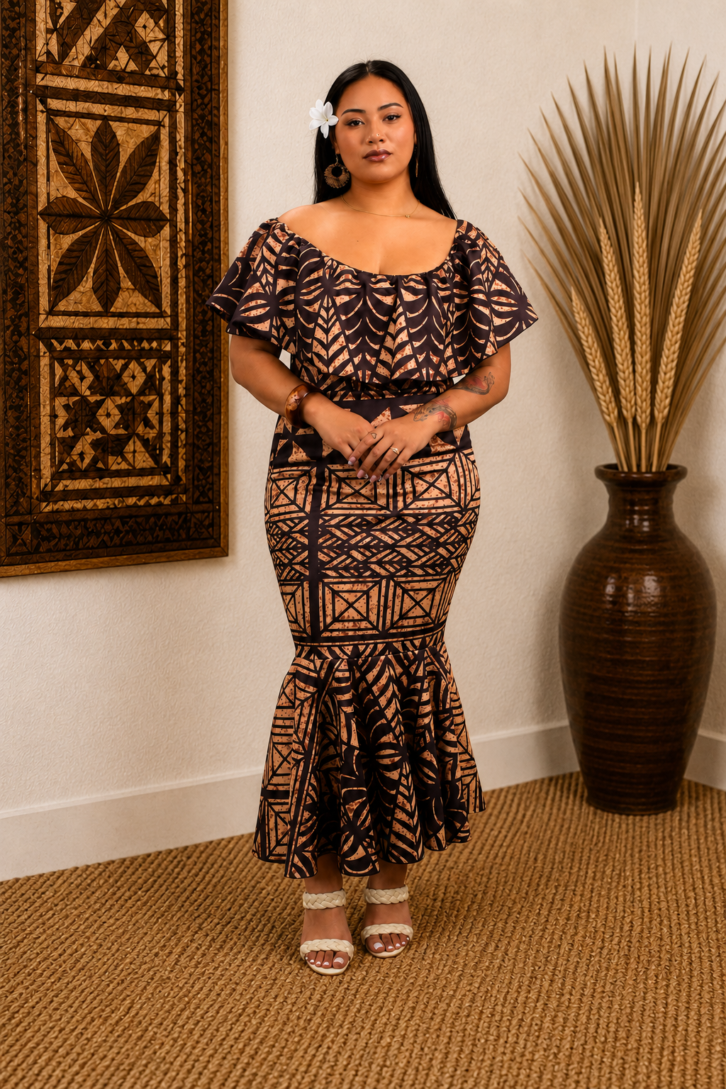 DRESS - OFF SHOULDER FRILL MAXI - BROWN