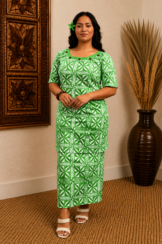 CYNTHIA PULETASI - ROUND NECK PULETASI - GREEN & WHITE