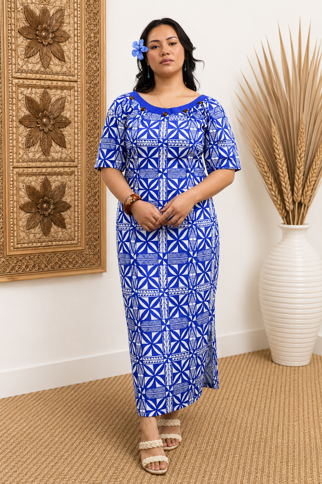CYNTHIA PULETASI - ROUND NECK PULETASI - BLUE & WHITE