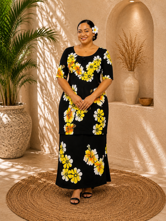 BLACK & YELLOW FLORAL PULETASI SIZE 20