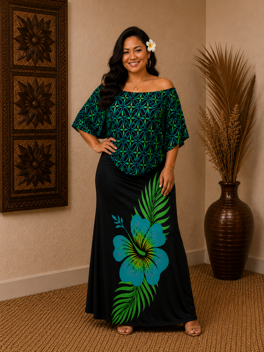 (PRE-ORDER) CAPE MAXI DRESS - GREEN & BLACK FLORAL
