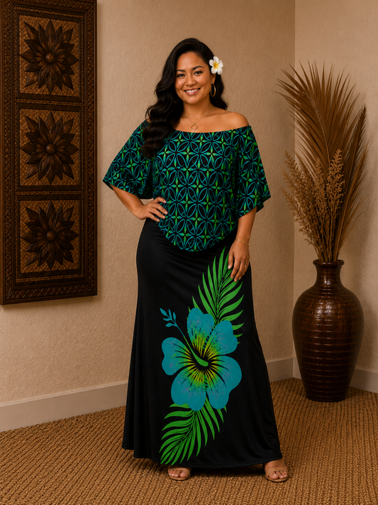 (PRE-ORDER) CAPE MAXI DRESS - GREEN & BLACK FLORAL