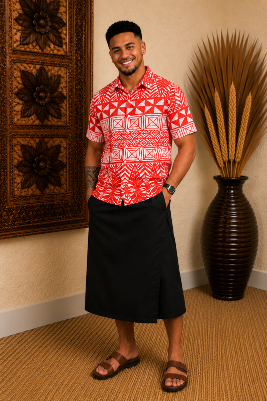 TUATUA SHIRT - COLLARED BUTTON UP - RED & WHITE