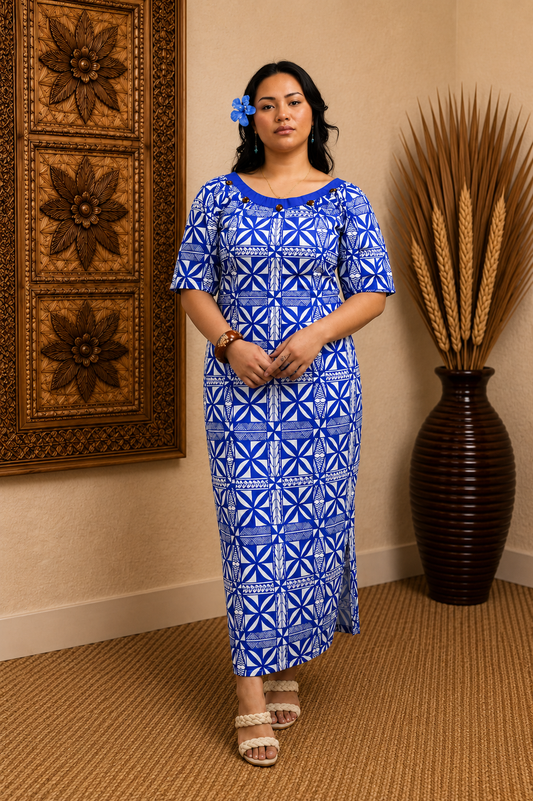 CYNTHIA PULETASI - ROUND NECK PULETASI - BLUE & WHITE