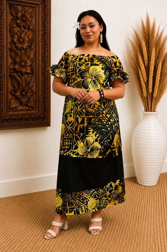 PULETASI - FLOWY FRILL SLEEVE TOP PULETASI - GOLD & BLACK